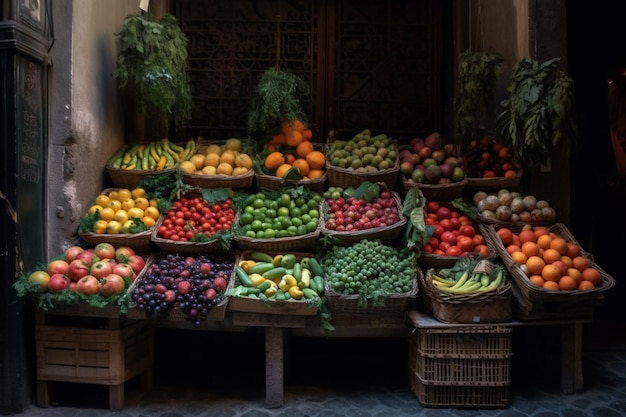 Un puesto de frutas con cestas de frutas y verduras.