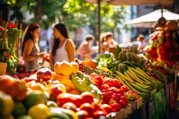 Un puesto de frutas con gente comprando en el mercado.