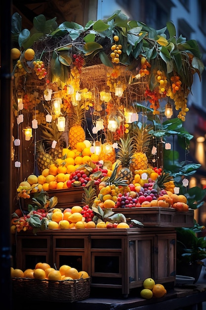 un puesto de frutas con un racimo de naranjas y plátanos