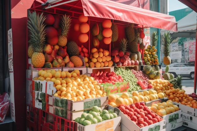 Un puesto de frutas con un toldo rojo que dice "pinas".