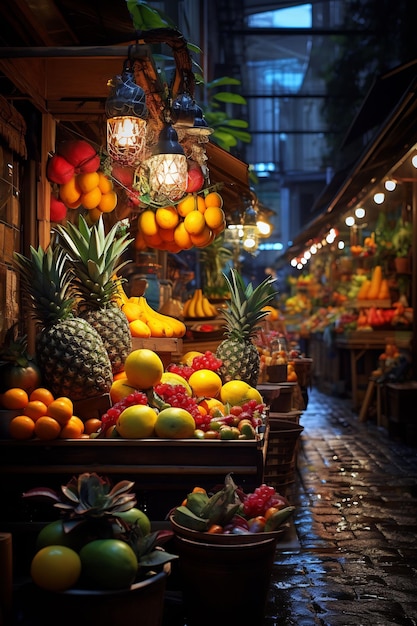 Un puesto de frutas con una variedad de frutas y verduras.