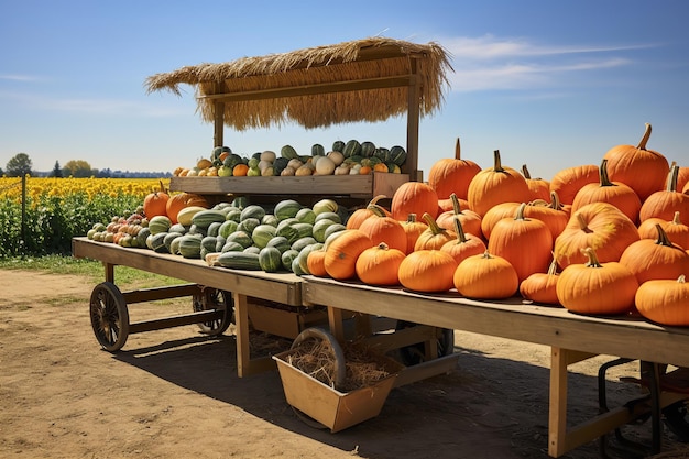 Puesto de granja de calabazas en un día soleado