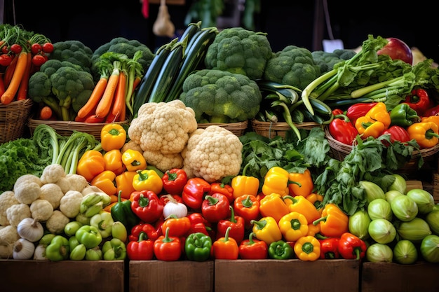 Puesto en el mercado de agricultores con una gran cantidad de verduras frescas IA generativa