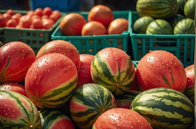 Un puesto de mercado de agricultores lleno de sandías