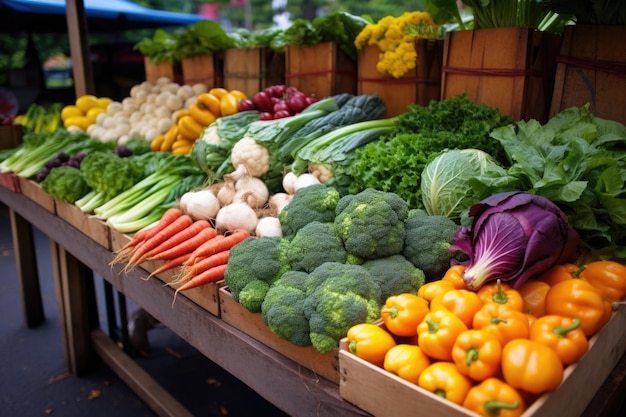 Puesto en el mercado de agricultores lleno de verduras recién cosechadas