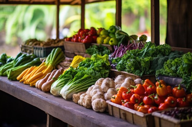 Puesto en el mercado de agricultores lleno de verduras recién cosechadas