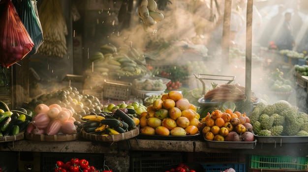 Un puesto de mercado al aire libre con productos frescos que brillan bajo una fina niebla de agua que invita a los clientes a saborear la frescura