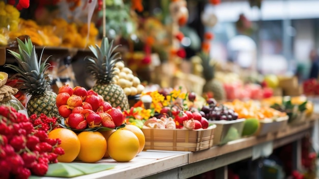 Un puesto de mercado de Año Nuevo chino con frutas y decoraciones festivas