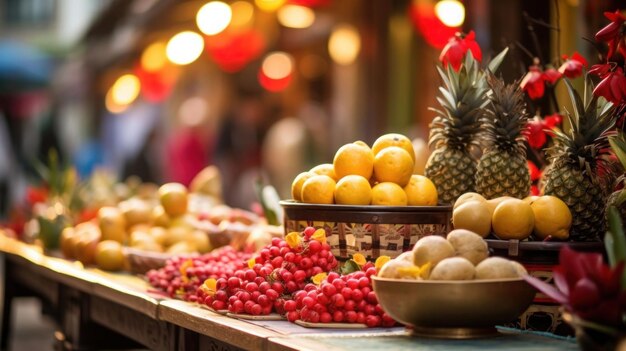 Un puesto de mercado de Año Nuevo chino con frutas y decoraciones festivas