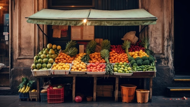 Un puesto de mercado con frutas y verduras que representa el comercio local generado por IA