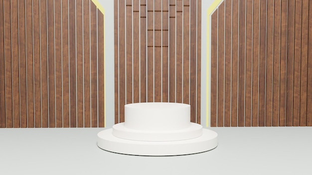 Un puesto de pasteles blanco en una habitación con una pared de madera detrás.