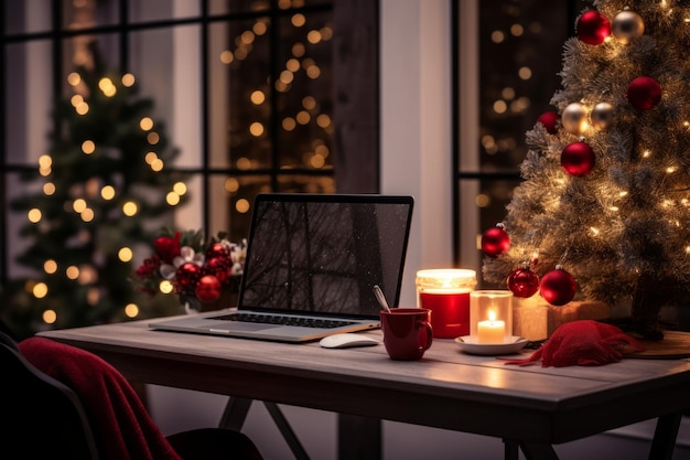 Un puesto de trabajo festivo adornado con un árbol de Navidad en miniatura iluminado por luces cálidas