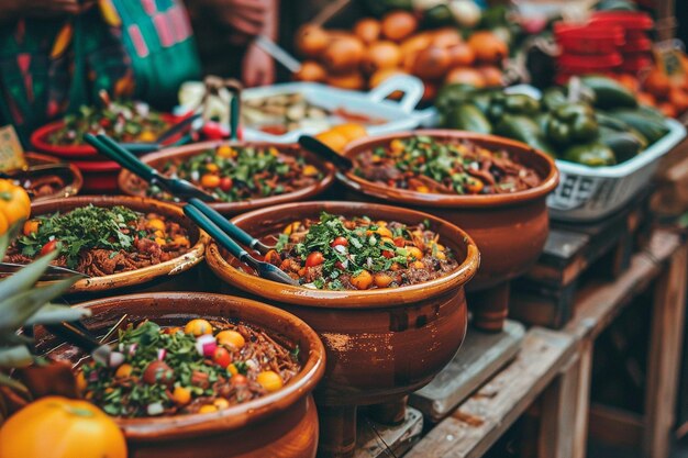 Un puesto tradicional de mercado mexicano que vende cuencos de menudo