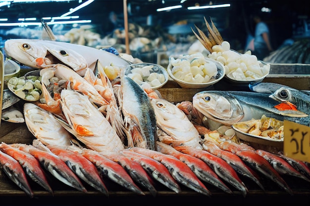 Puestos de pescado y marisco fresco en el animado mercado de pescado