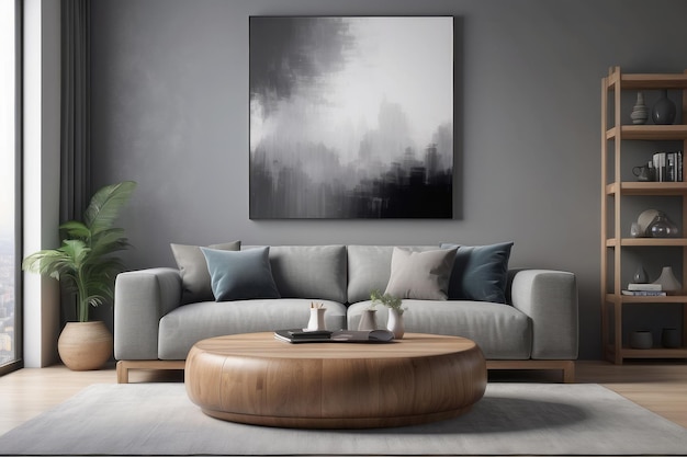 Puf y mesa de madera en la sala de estar moderna con pintura por encima del sofá de la esquina gris