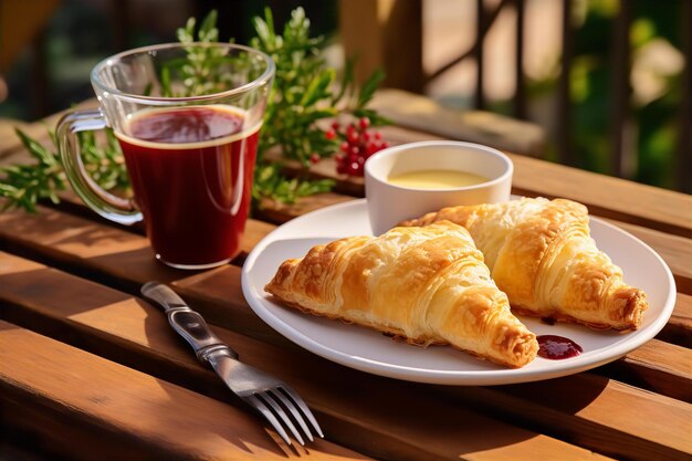 Puff Pastry Cranberry con jugo para el almuerzo bocadillo en la mesa de madera y fondo de la naturaleza