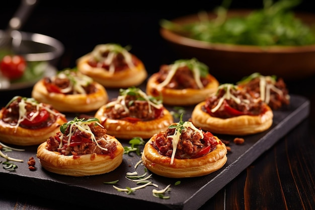 Foto puffgebäck-mini-pizzas mit würstchen