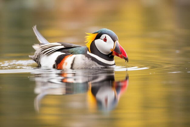 Puffin com reflexo na superfície da água peixe no bico