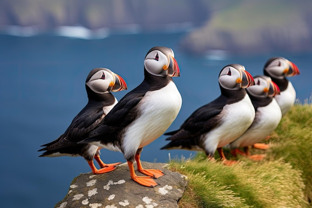 Puffins en los acantilados de las Islas Feroe en Dinamarca Atlantic Puffin o Common Puffin Fratercula arctica Noruega AI Generado