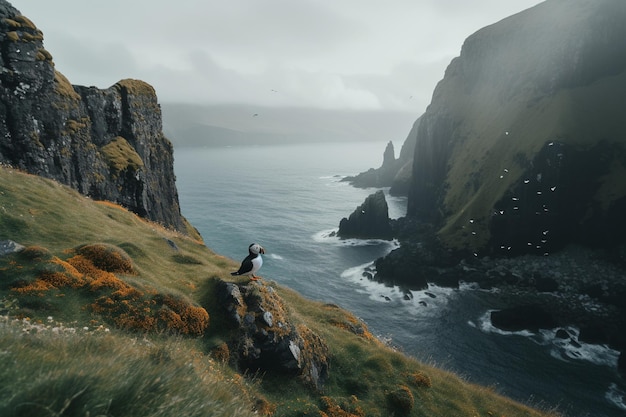 Puffins auf den Klippen von Skomer Island Färöer Inseln Puffins sitzen auf einem Felsen vor dem Meer