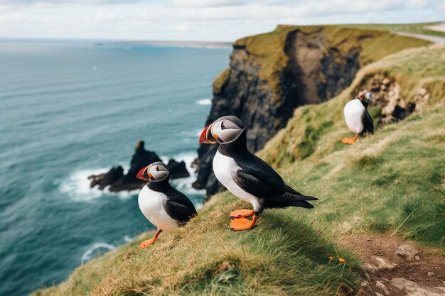 Foto puffins nas falésias da ilha de skomer ilhas faroe puffins sentados em uma rocha em frente ao mar