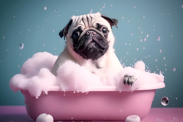 Pug se baña en una bañera rosa ai ilustración generativa