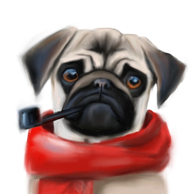 Pug bonito no lenço vermelho fumando um design de camiseta de clipart de cachimbo