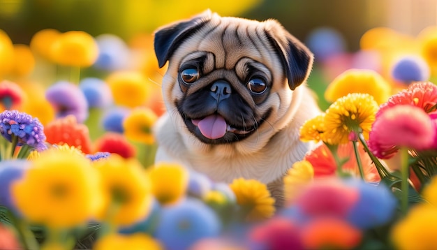 Pug brincalhão em meio a flores coloridas Foto