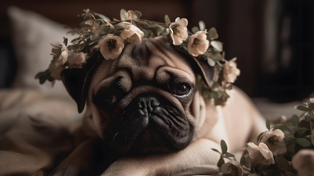 Un pug con una corona de flores.