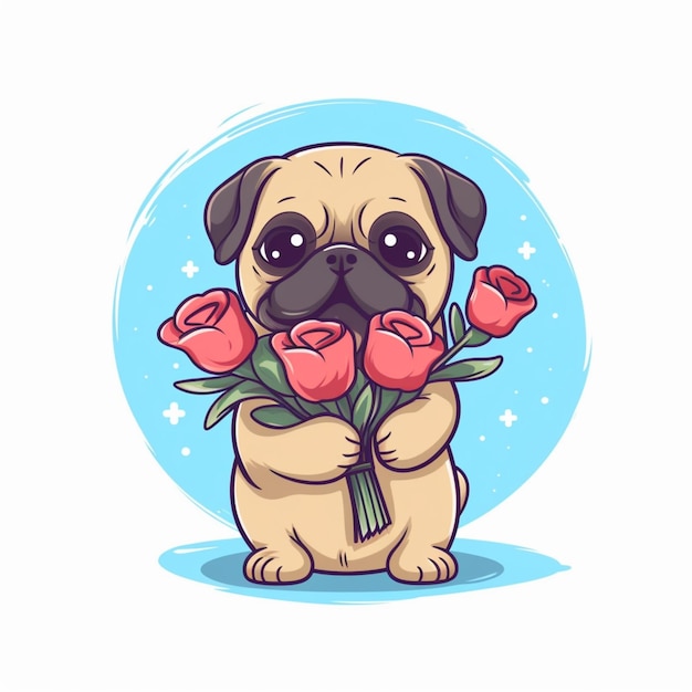 Foto pug de desenho animado com um buquê de flores generativo ai