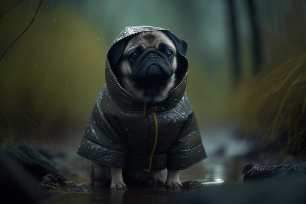 pug divertido vestido na chuva no campo