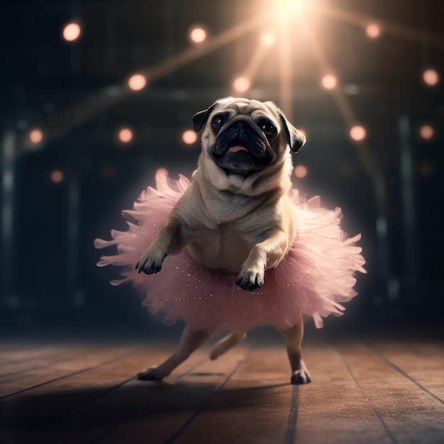 Pug Dod con una falda de ballet rosa claro está bailando como una bailarina Ilustración AI GenerativexD