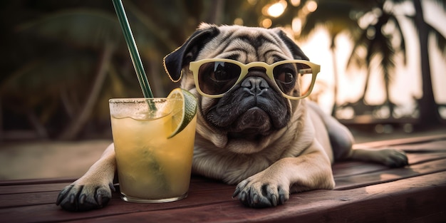 Pug Dog ist im Sommerurlaub im Badeort und entspannt sich am Sommerstrand von Hawaii