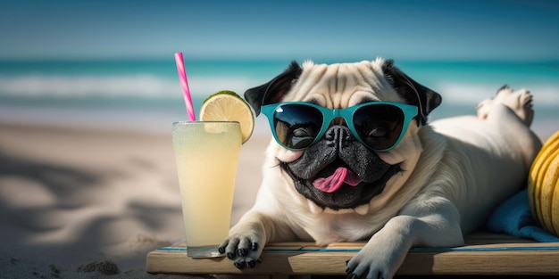 Pug Dog ist im Sommerurlaub im Badeort und entspannt sich am Sommerstrand von Hawaii