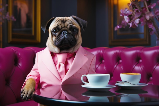 Un pug elegante en un traje rosa moderno bebe café en un restaurante o cafetería