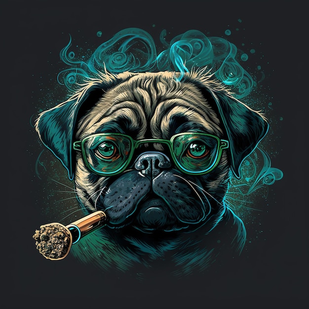 Pug con estilo en gafas fuma un cigarrillo humo verde IA generativa