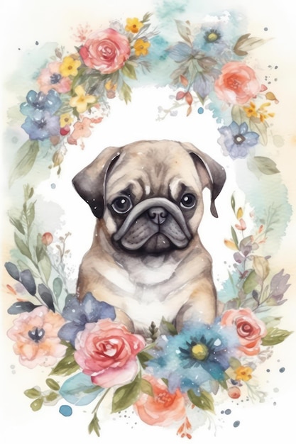 con un pug de flores