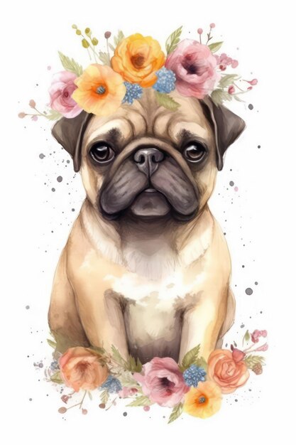 con un pug de flores