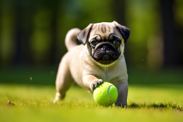 Pug fofo a brincar ao ar livre e a copiar espaço