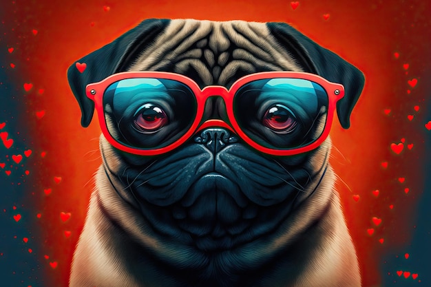 Pug fofo cercado por amor e óculos de sol esportivos em forma de coração