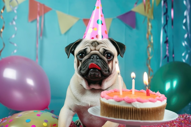 Pug fofo com um chapéu de festa comemorando aniversário com bolo e balões