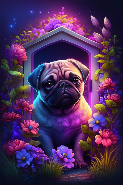 Pug fofo dentro de casa com flores