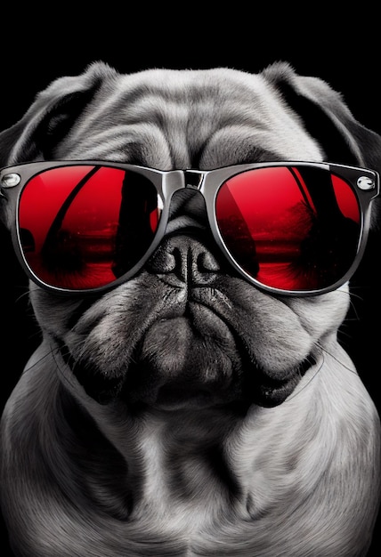 Un pug con gafas rojas y la palabra "en él"