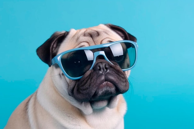 Pug con gafas de sol con montura azul mirando a la derecha