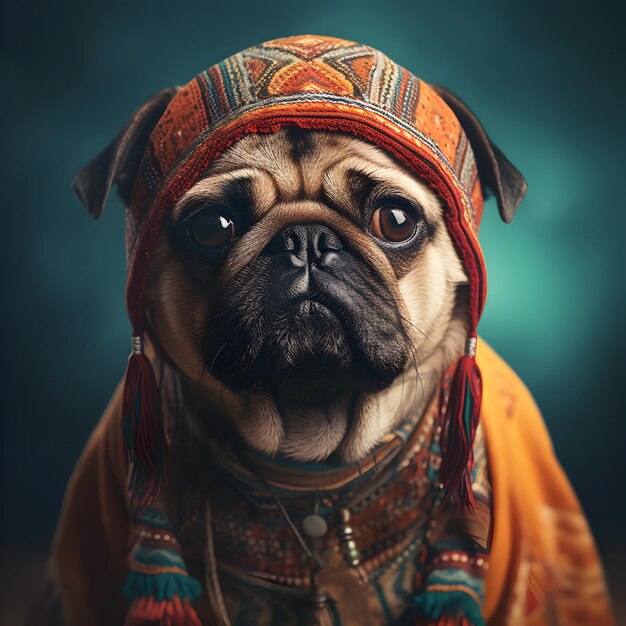 Pug-Hund in bohemischer mittelalterlicher Hippie-Outfit mit Perlen surreal