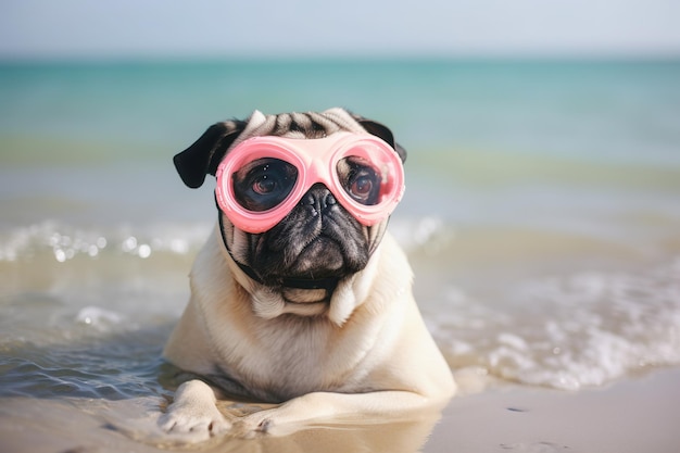 Pug-Hund in einer rosa Brille am Strand