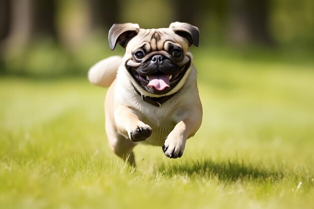 Foto pug lindo jugando al aire libre y copiando el espacio