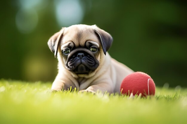 Foto pug lindo jugando al aire libre y copiando el espacio