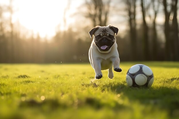 Pug lindo jugando al aire libre y copiando el espacio