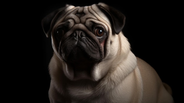 Un pug con una mirada triste en su rostro.